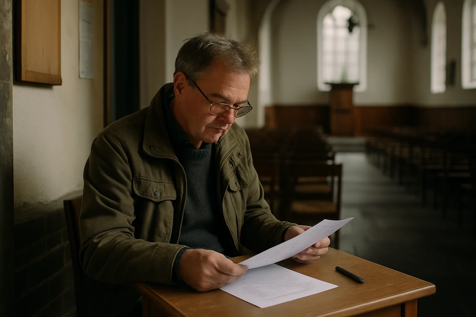 Vrijwilligerscoördinator bekijkt een kerkrooster in een kerkgebouw