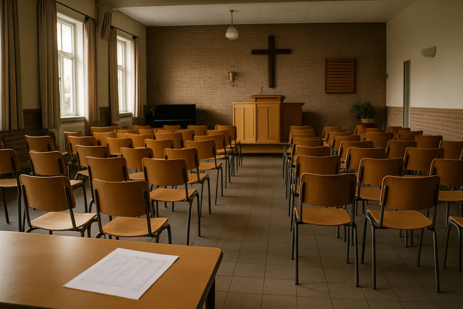 Stoelen worden klaargezet in een kerkelijke ontmoetingsruimte