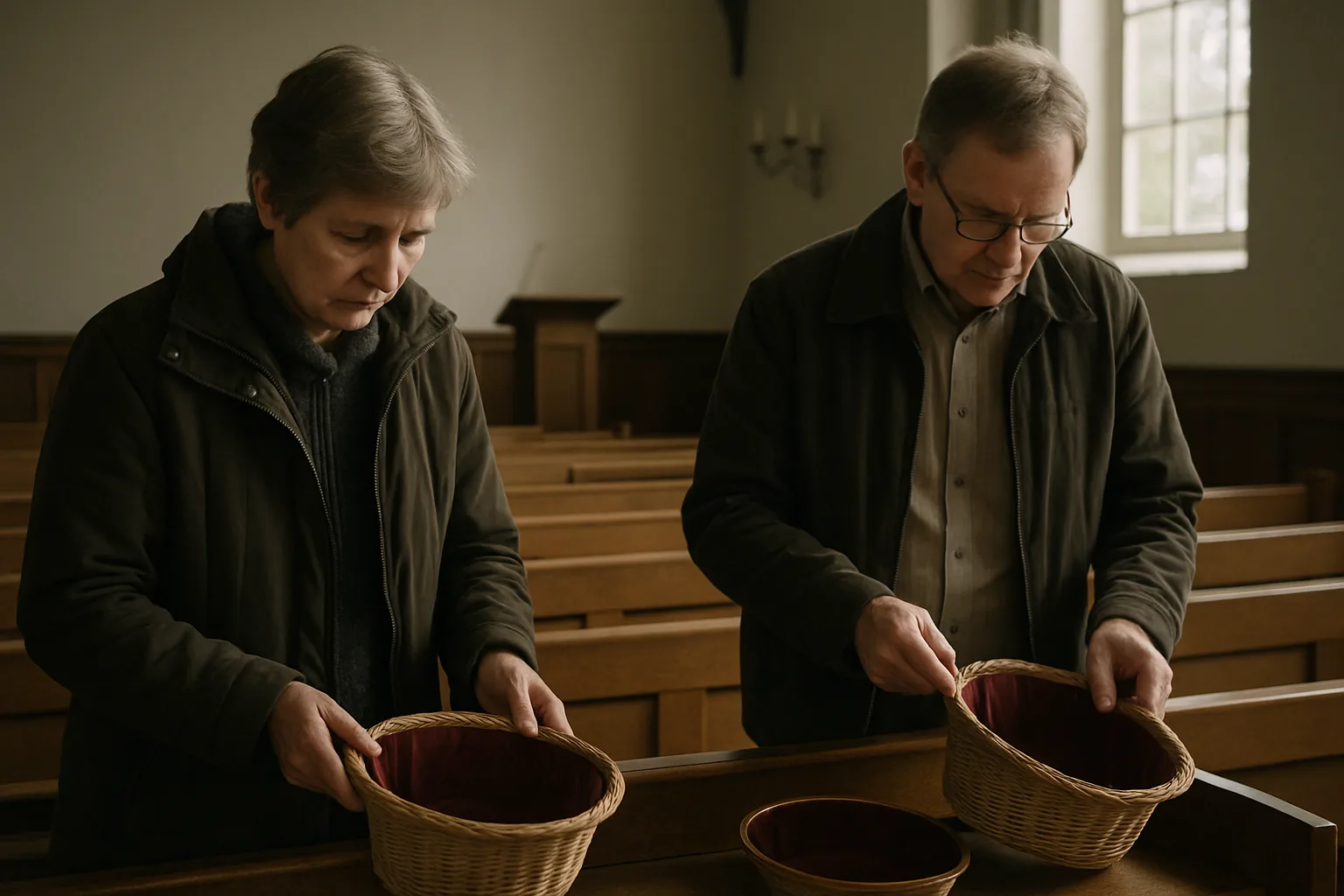 Vrijwilligers zetten collectemanden klaar in een kerk voor de kerkdienst