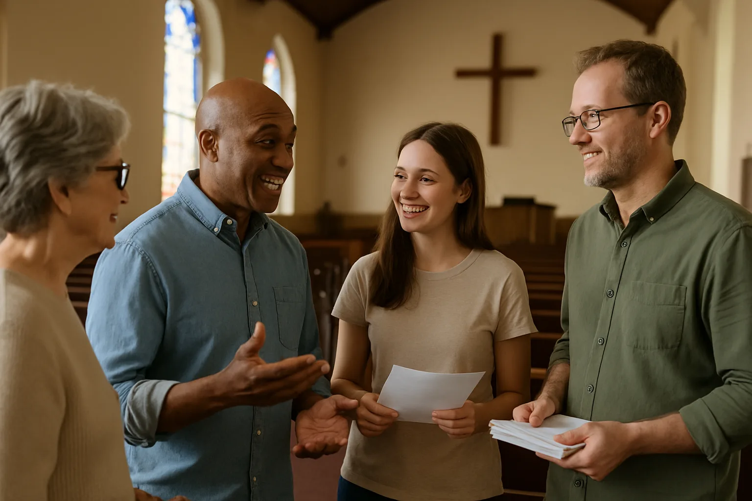 Vrijwilligers maken samen een kerkzaal klaar na een kerkdienst